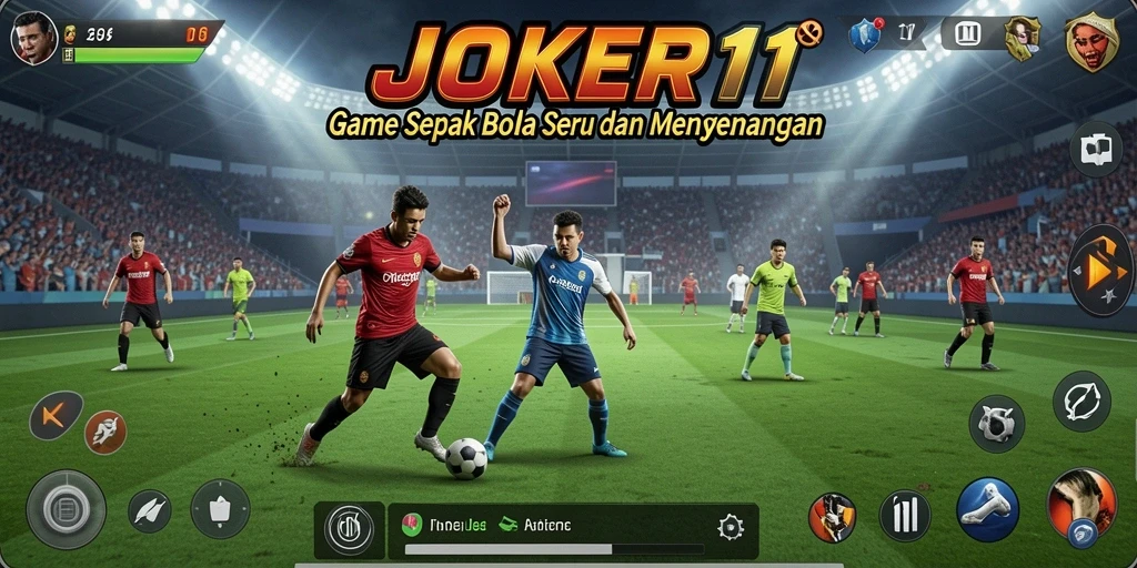 Screenshot gameplay JOKER11 menampilkan aksi intens di lapangan sepak bola.