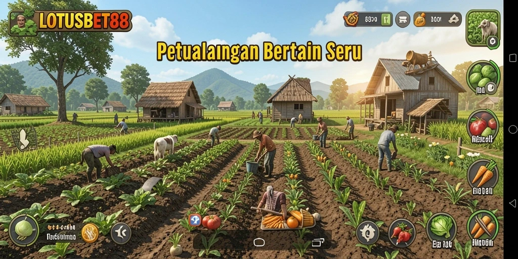 Tangkapan layar gameplay LOTUSBET88 yang menunjukkan suasana pertanian yang asri.