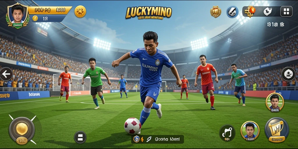 Screenshot utama menampilkan aksi seru dalam permainan olahraga LUCKYMINO.