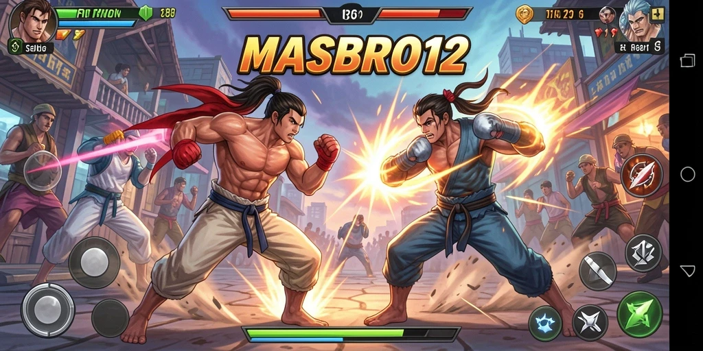 Screenshot gameplay MASBRO12 menampilkan pertarungan seru dengan karakter yang beraksi.