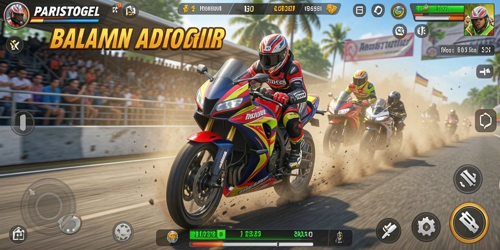 Screenshot permainan PARISTOGEL menunjukkan aksi balapan motor yang mendebarkan.