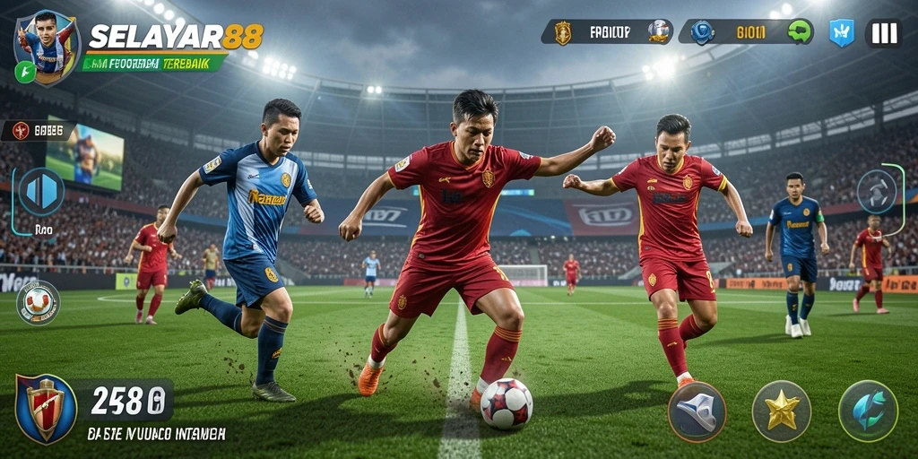 Tampilan gameplay seru dari SELAYAR88 dengan aksi sepak bola nyata.