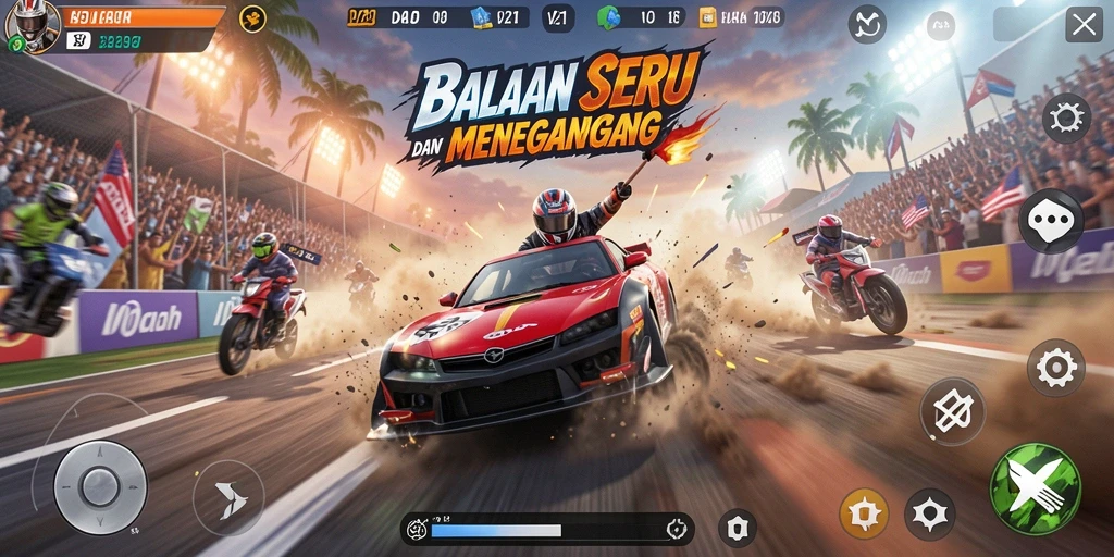 Screenshot V21 menampilkan aksi balapan yang mendebarkan dengan grafis yang menawan.