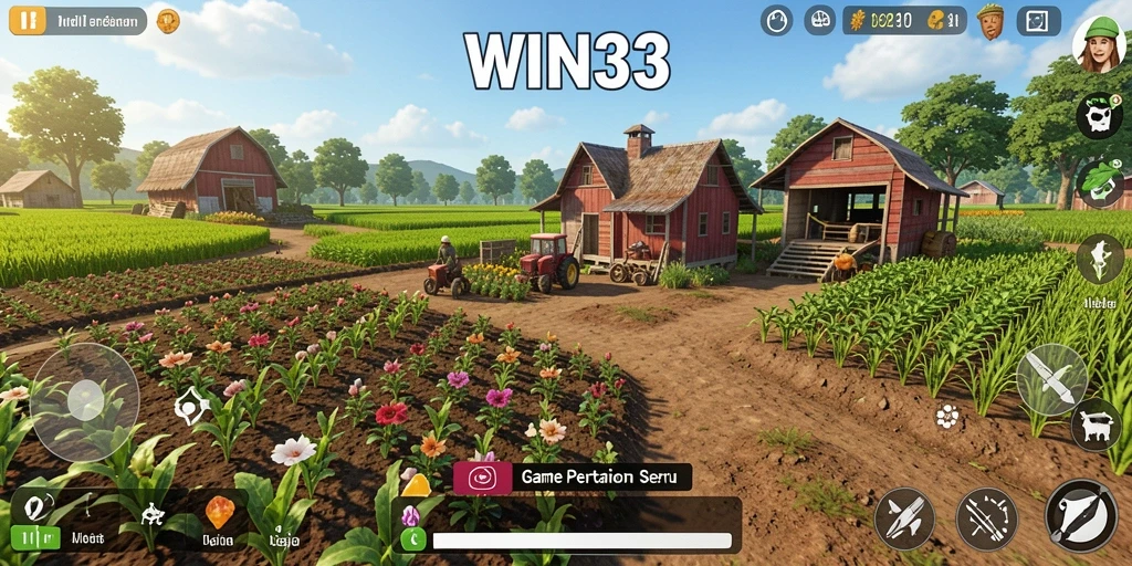 Screenshot gameplay WIN33 menampilkan aktivitas bertani yang seru dan interaktif.
